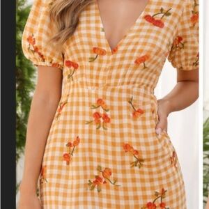 FARM Rio Yellow Gingham Mini Dress with Cherry print